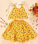 Yellow silk printedtop with lehenga