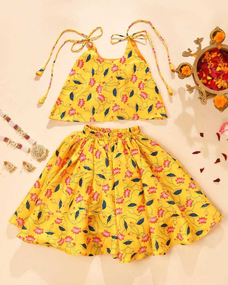 Yellow silk printedtop with lehenga