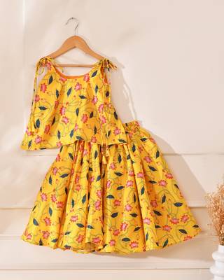 Yellow silk printedtop with lehenga 3