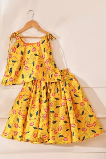 Yellow silk printedtop with lehenga