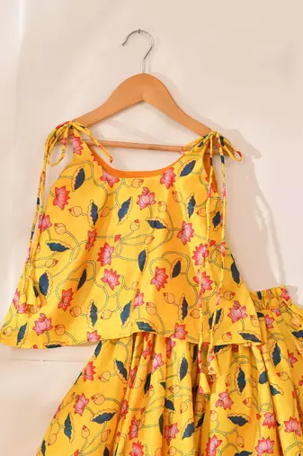 Yellow silk printedtop with lehenga