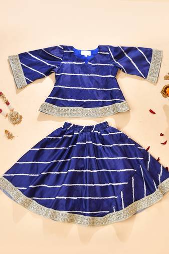 Blue silk stripes kurta with lehenga