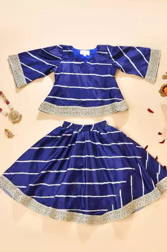 Blue silk stripes kurta with lehenga