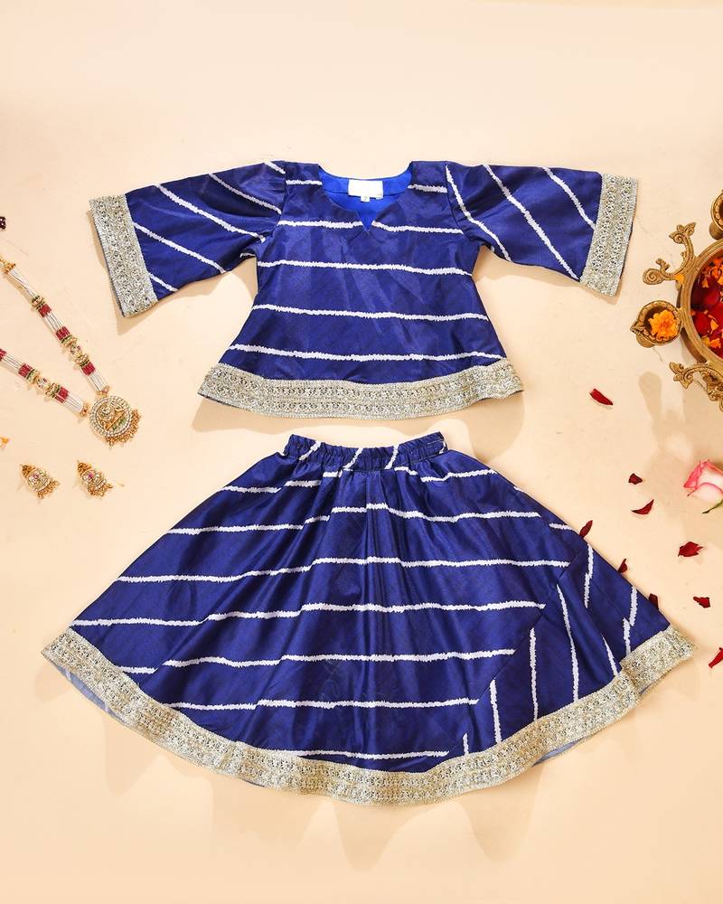 Blue silk stripes kurta with lehenga
