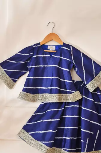 Blue silk stripes kurta with lehenga