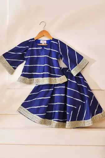 Blue silk stripes kurta with lehenga