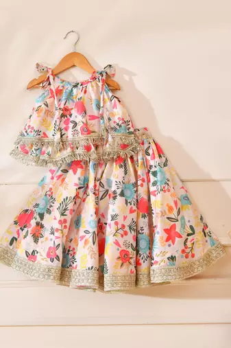 Multicolor silk printed top with lehenga
