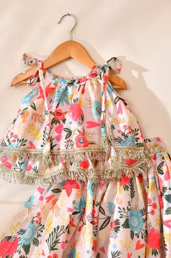 Multicolor silk printed top with lehenga
