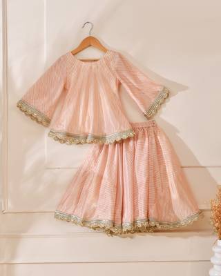 Pink silk stripes kurta with lehenga 2