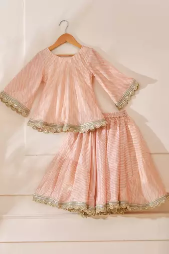 Pink silk stripes kurta with lehenga