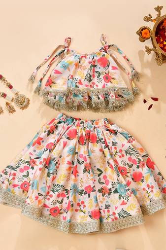 Multicolor silk printed top with lehenga