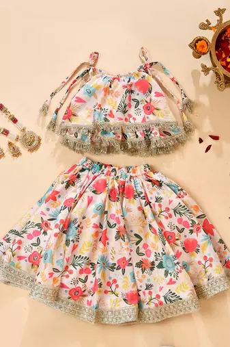 Multicolor silk printed top with lehenga