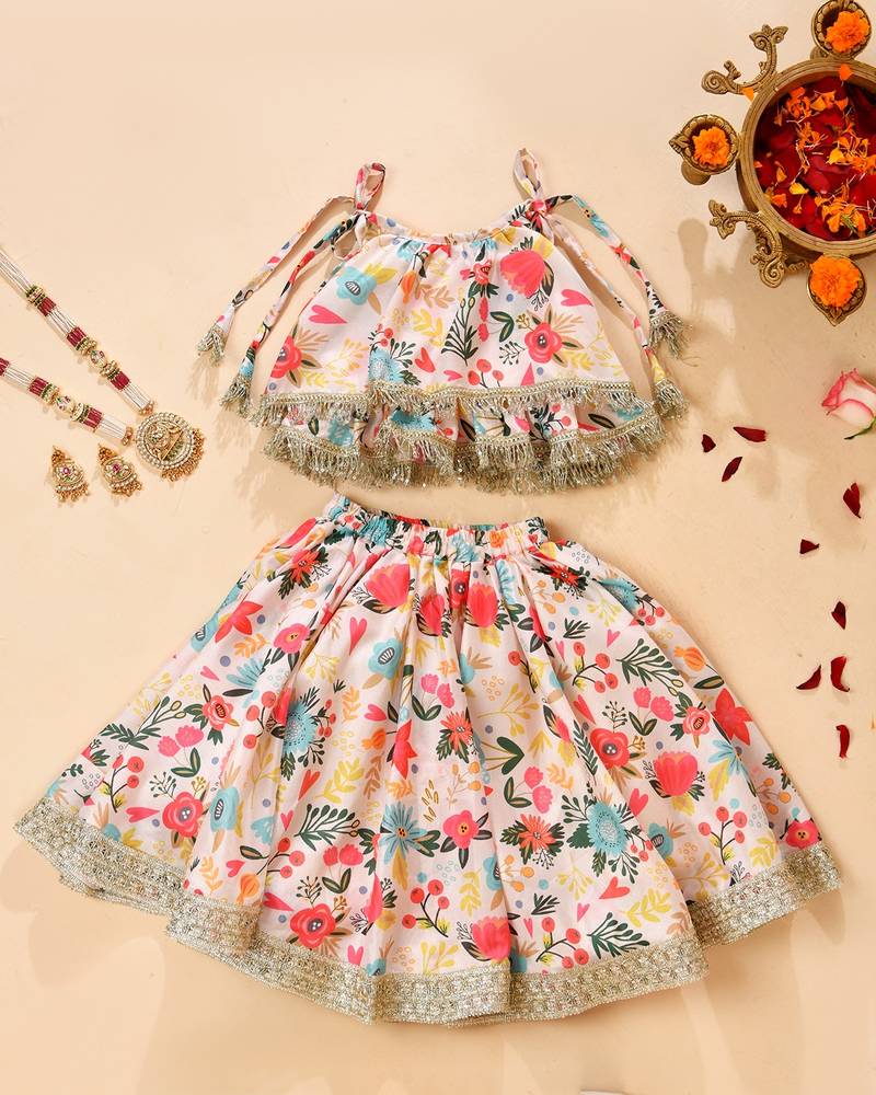 Multicolor silk printed top with lehenga