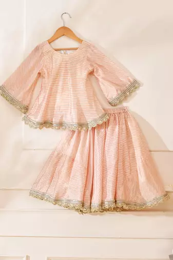 Pink silk stripes kurta with lehenga