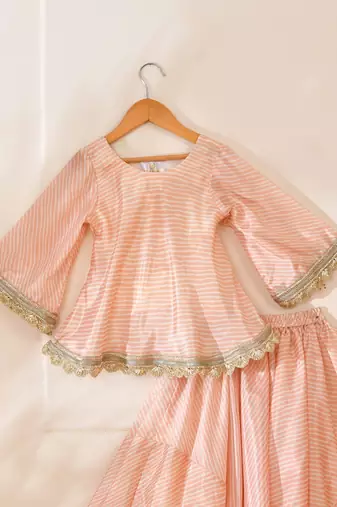 Pink silk stripes kurta with lehenga