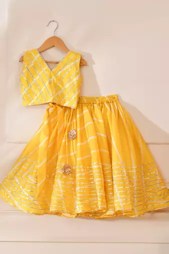 Yellow silk stripes top with lehenga