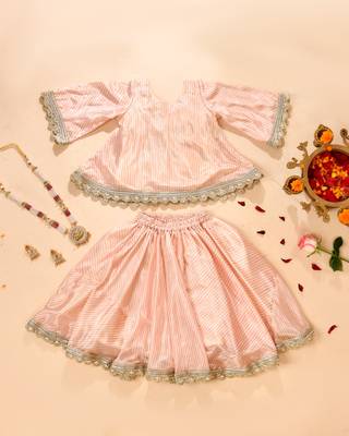 Pink silk stripes kurta with lehenga 1