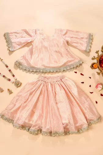 Pink silk stripes kurta with lehenga