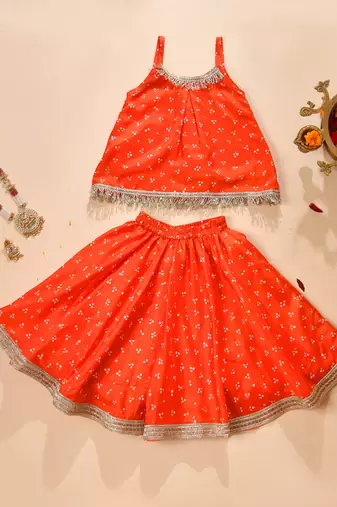 Orange silk printed top with lehenga