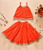 Orange silk printed top with lehenga