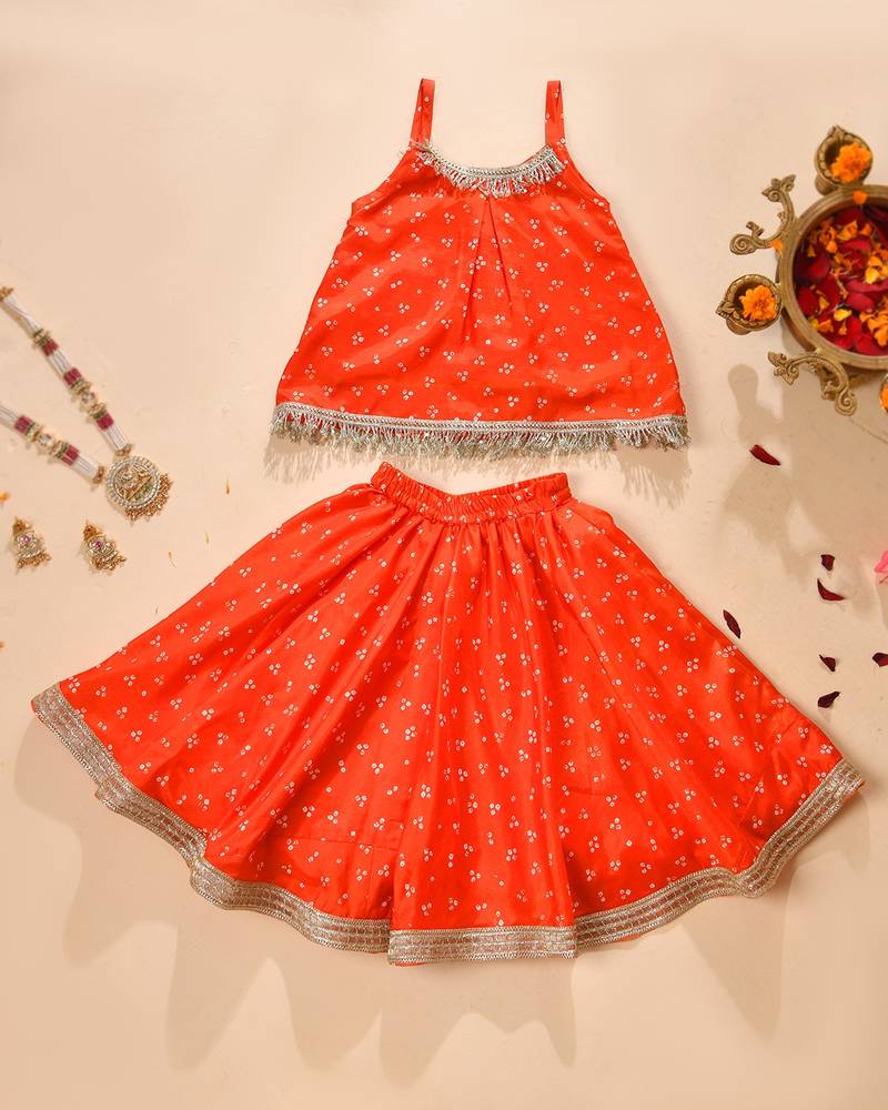 Orange silk printed top with lehenga