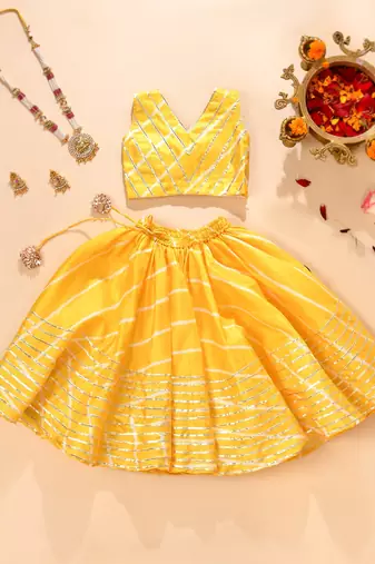 Yellow silk stripes top with lehenga