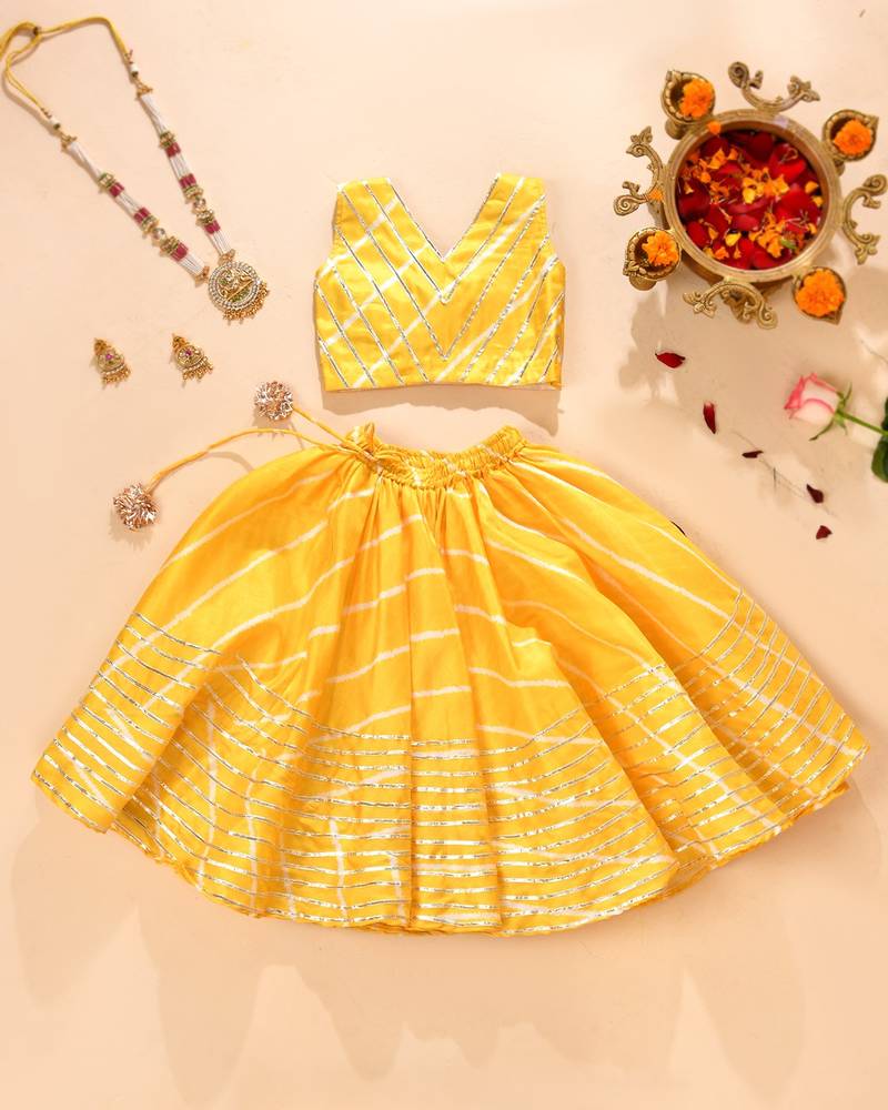 Yellow silk stripes top with lehenga