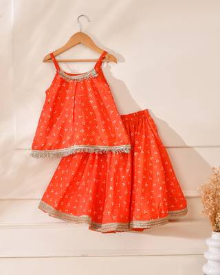 Orange silk printed top with lehenga 2