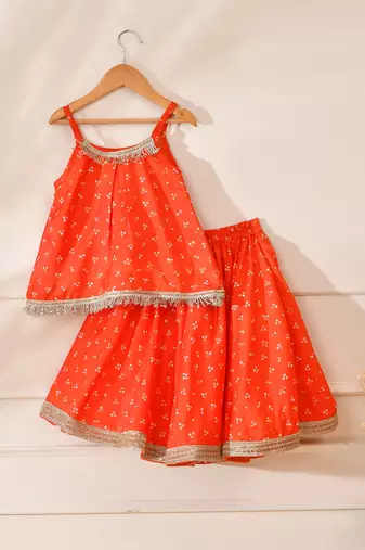 Orange silk printed top with lehenga