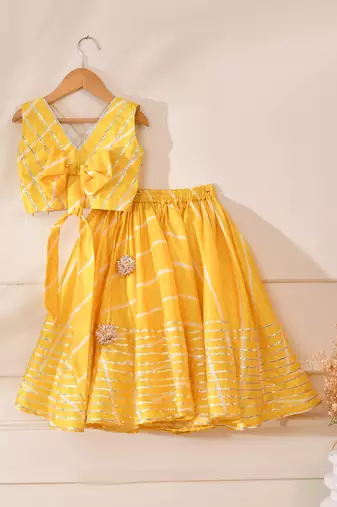 Yellow silk stripes top with lehenga