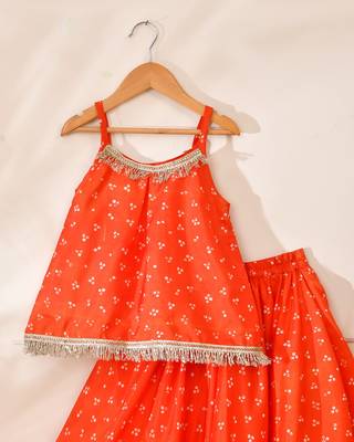 Orange silk printed top with lehenga 3
