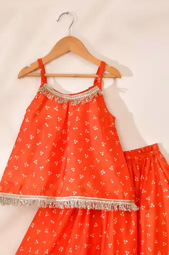 Orange silk printed top with lehenga