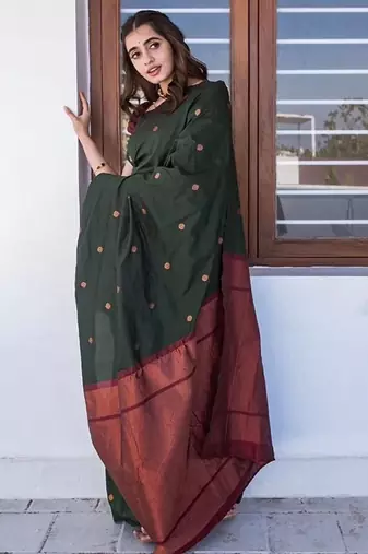 Green maroon soft silk blend banarasi jacuard work designer party wear saree with unstitched blouse piece