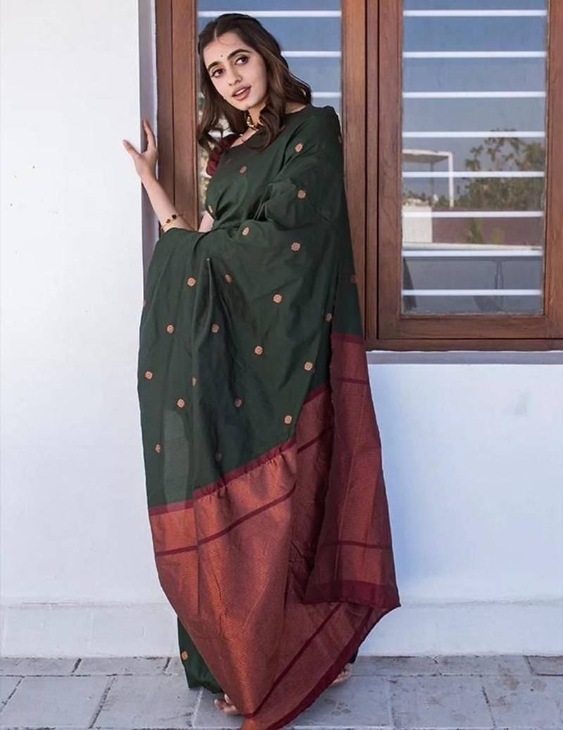 Green maroon soft silk blend banarasi jacuard work designer party wear saree with unstitched blouse piece
