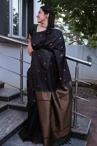 Black silk blend banarasi saree with unstitched blouse piece