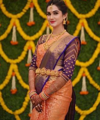 Mustard blue silk blend banarasi saree with unstitched blouse piece 1