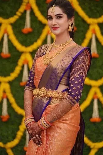 Mustard blue soft silk blend banarasi jacuard work designer party wear saree with unstitched blouse piece