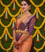 Mustard blue soft silk blend banarasi jacuard work designer party wear saree with unstitched blouse piece