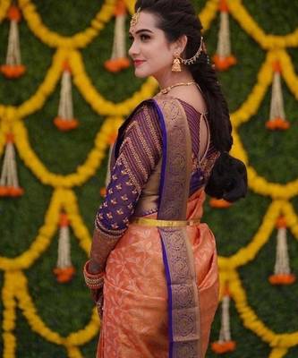 Mustard blue silk blend banarasi saree with unstitched blouse piece 3