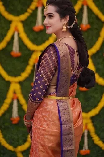 Mustard blue silk blend banarasi saree with unstitched blouse piece