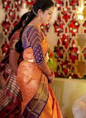 Mustard blue silk blend banarasi saree with unstitched blouse piece 4