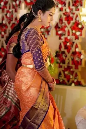 Mustard blue silk blend banarasi saree with unstitched blouse piece