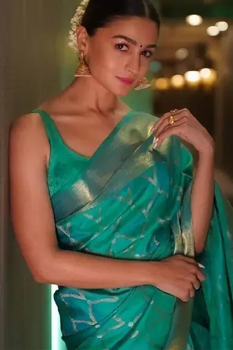 Sea green soft silk blend banarasi jacuard work designer party wear saree with unstitched blouse piece