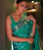 Sea green silk blend banarasi saree with unstitched blouse piece