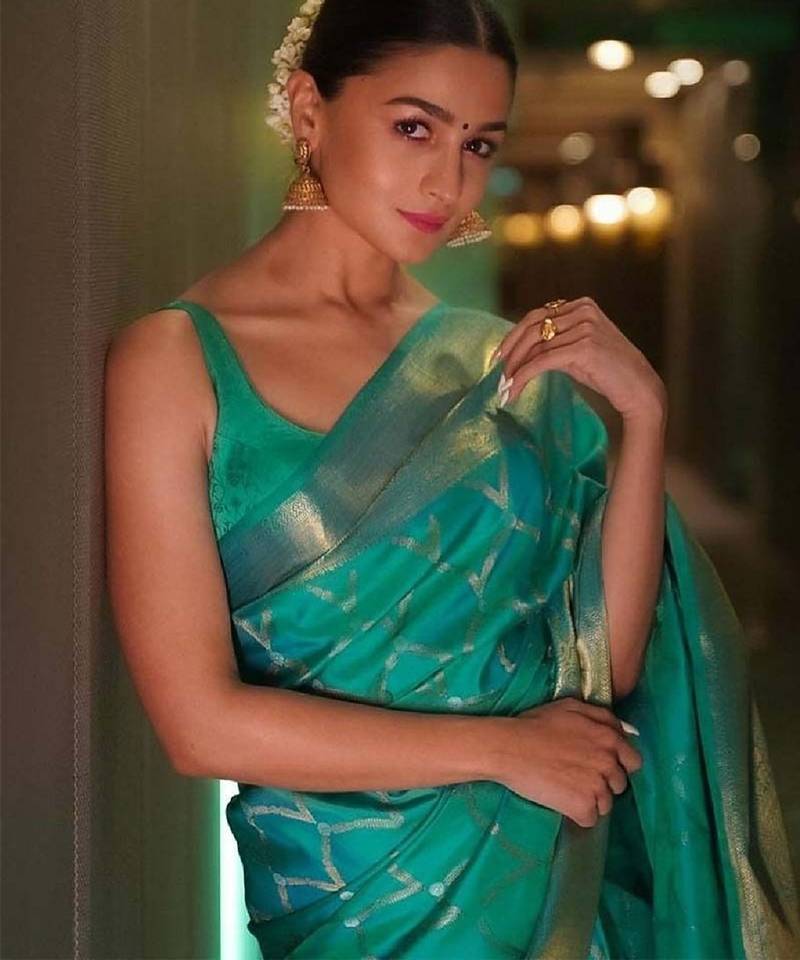 Sea green soft silk blend banarasi jacuard work designer party wear saree with unstitched blouse piece