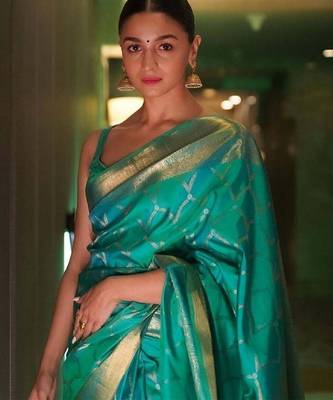 Sea green silk blend banarasi saree with unstitched blouse piece 2