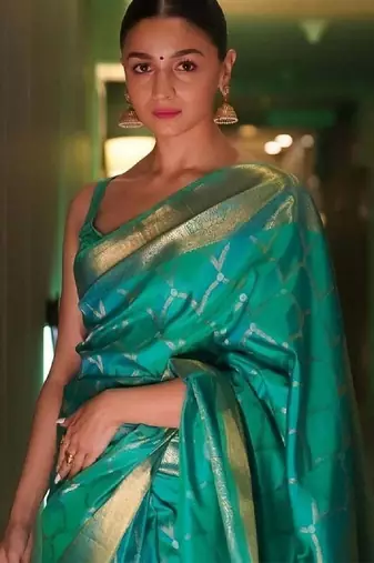 Sea green silk blend banarasi saree with unstitched blouse piece