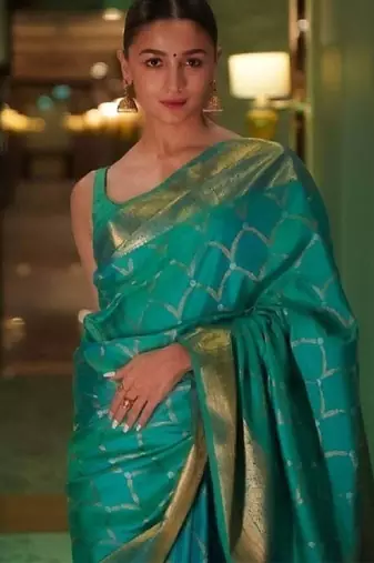Sea green silk blend banarasi saree with unstitched blouse piece