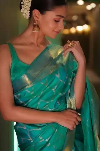 Sea green silk blend banarasi saree with unstitched blouse piece