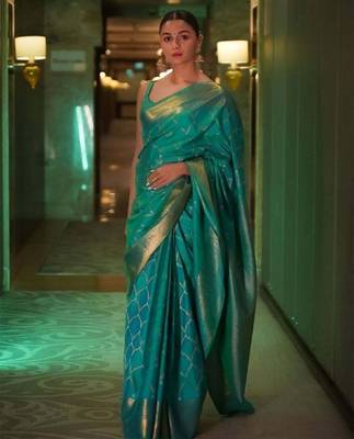 Sea green silk blend banarasi saree with unstitched blouse piece 5